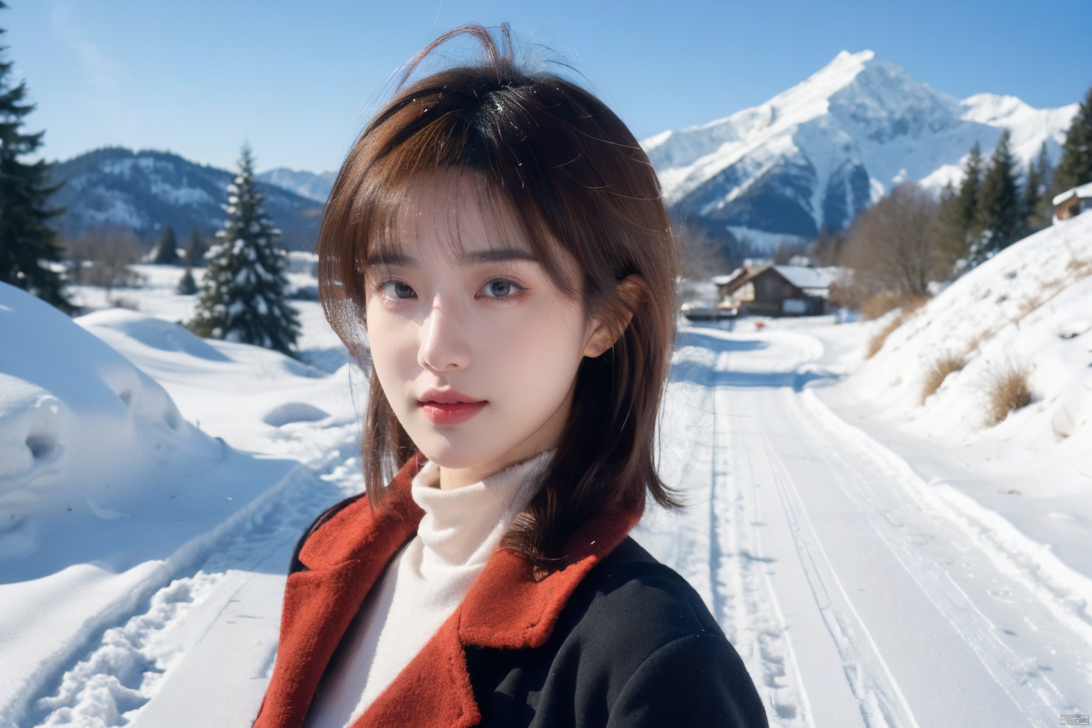  Outdoor scenery, snow view, Snow Mountain, girl, red wool coat, pretty face, short hair, blonde hair, (photo reality: 1.3) , Edge lighting, (high detail skin: 1.2) , 8K Ultra HD, high quality, high resolution, the best ratio of four fingers and a thumb, (photo reality: 1.3) , wearing a black coat, white Turtleneck inside, big chest, solid color background, solid red background, advanced feeling, texture full, 1 girl, Xiqing, HSZT, Xiaxue, dongy, a girl, magic eyes, black 8d smooth stockings, 1girl