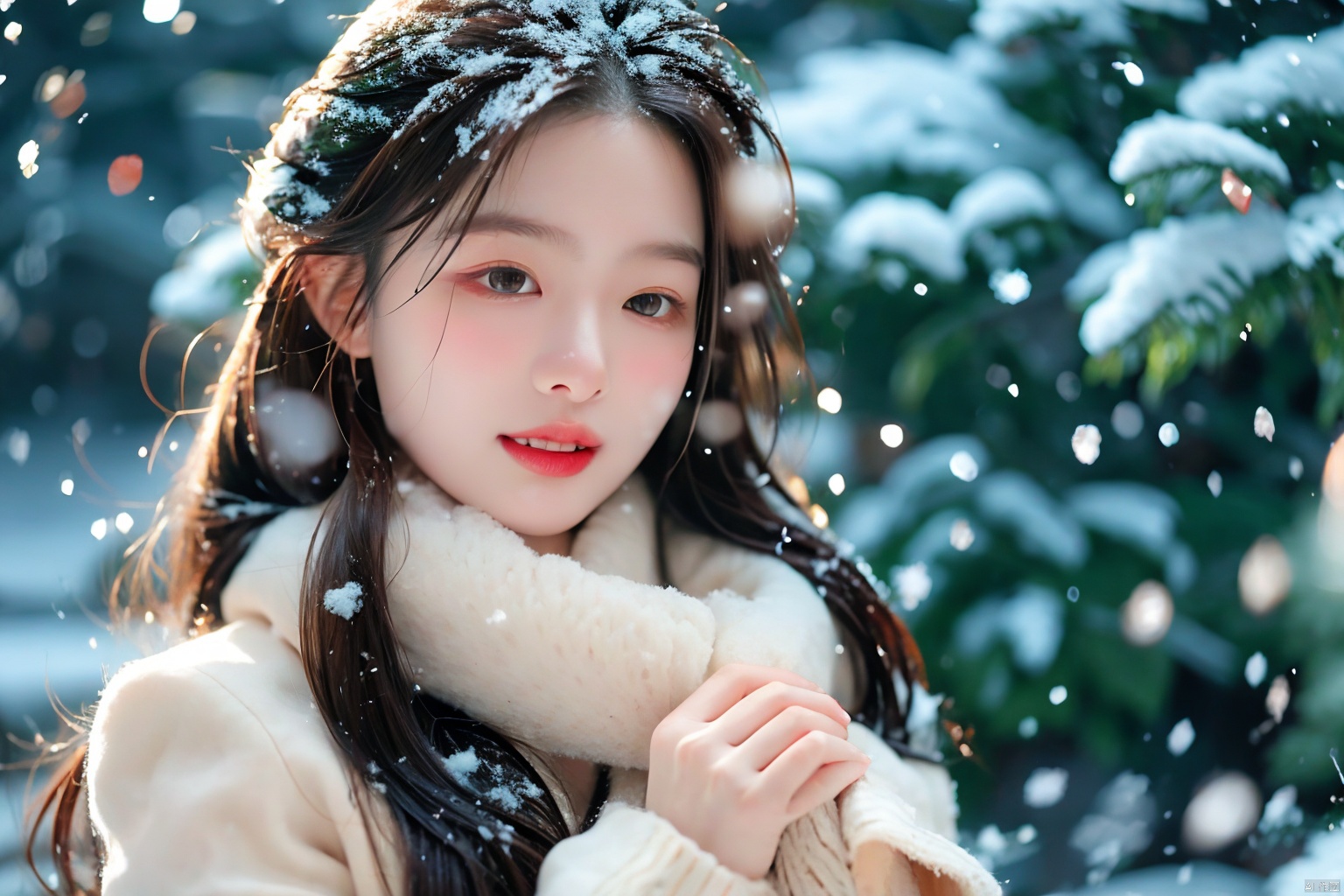  1girl,(snow:1.2),(snowing:1.2),snow,solo,scarf,long hair,smile,brown hair,bokeh,realistic,coat,blurry,