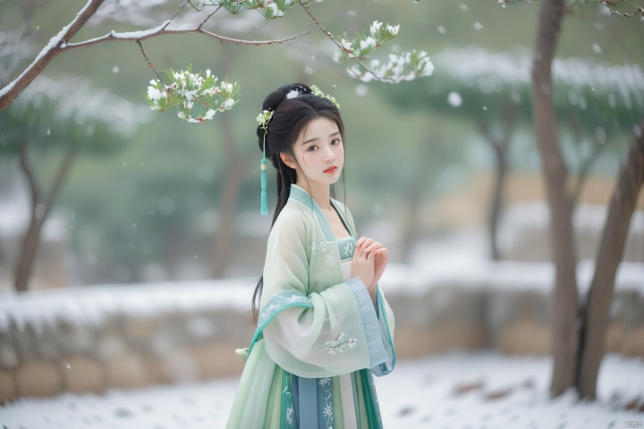  hanfu dress,a beautiful girl is standing,The Han costume of the Song Dynasty, the whole body,Flower basket,beautiful face,be affectionate,long eyelashes,high nose,Song Dynasty Hanfu, Winter, snowy days, snowfall, snow on tree tops, snow on the ground,gentle depth of field and soft bokeh,Capture the image as if it were taken on an 35mm film for added charm, looking at viewer,35mm photograph,The main color tone of the screen is green, with a film style (aperture: f/1.4, ISO-100, focal length: 35mm), Full body, denim lens,film, bokeh, professional, 4k, highly detailed, MAJICMIX STYLE