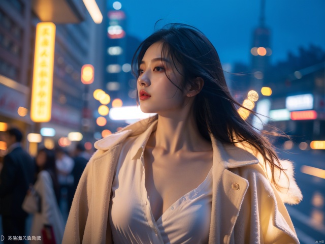  Best Quality, Hyper-Realistic, (Ultra High Resolution), Masterpiece, 8K, RAW Photo, Cover Art, Light, Photo Art, Realistic, Coat, Street, Night, Hotel, Hong Kong Wind, Movie Cover, Dynamic Angle, Close-up, Sight,Half body photo, xiqing, (\xing he\)
