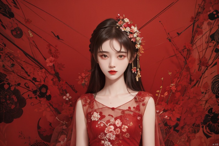  masterpiece, best quality, 1girl, flowers, flat color, lineart, abstract, ornate, red theme, jujingyi