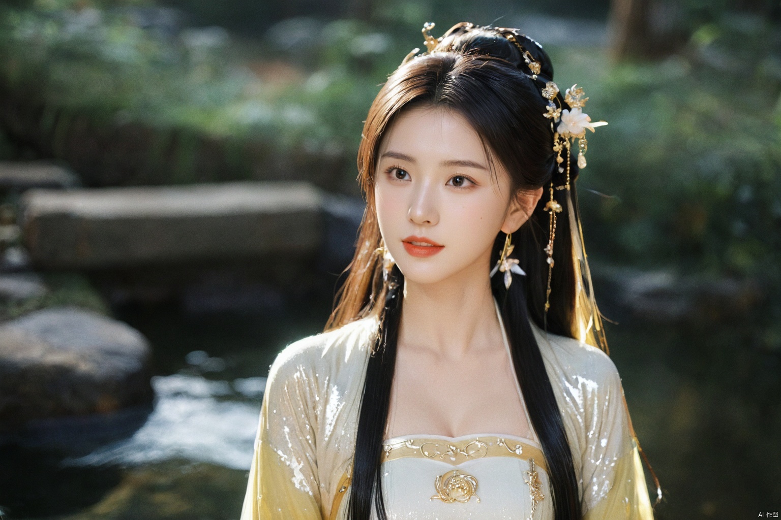  1girl,****_female,looking at viewer,standing,black,gold,gold hairpin,face focus,Redlips,((upper_body:0.9)),full breasts, (medium breasts:1.2),long hair,eyes,Colored pupil,earrings,jewelry,earrings,jewelry,(perfect face), shiny skin, 
dress, hanfu, 
forest,water, wet, 
masterpiece, best quality,depth of field, cinematic composition, best lighting,light master,RAW photo, dslr, film grain, Fujifilm XT3, night shot, light master,daxiushan,daxiushan style,hanfu, g001