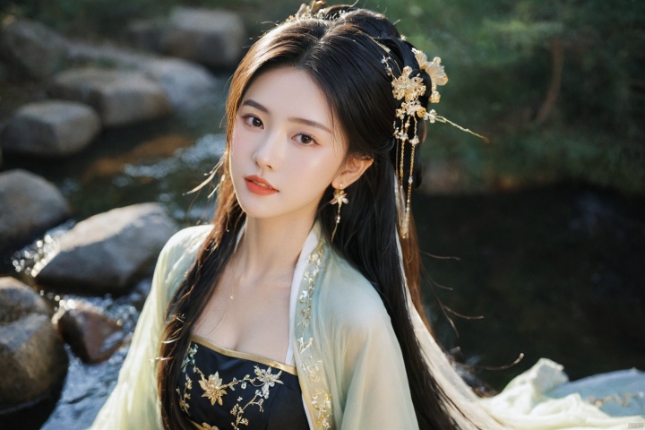  1girl,sole_female,looking at viewer,standing,black,gold,gold hairpin,face focus,Redlips,((upper_body:0.9)),full breasts, (medium breasts:1.2),long hair,eyes,Colored pupil,earrings,jewelry,earrings,jewelry,(perfect face), shiny skin, 
dress, hanfu, 
forest,water, wet, 
masterpiece, best quality,depth of field, cinematic composition, best lighting,light master,RAW photo, dslr, film grain, Fujifilm XT3, night shot, light master,daxiushan,daxiushan style,hanfu, g001