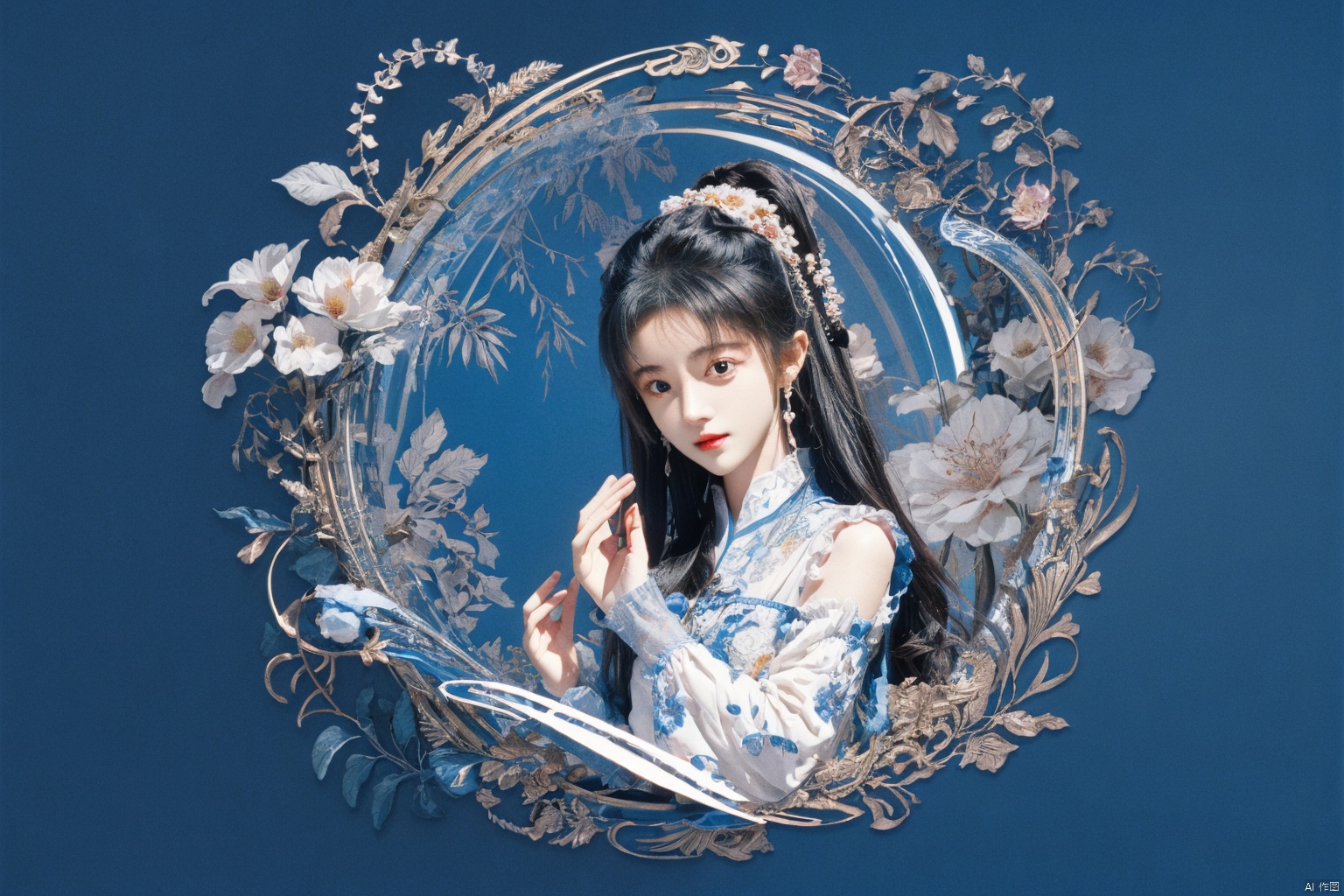  masterpiece, best quality, 1girl, flowers, flat color, lineart, abstract, ornate, blue theme, jujingyi