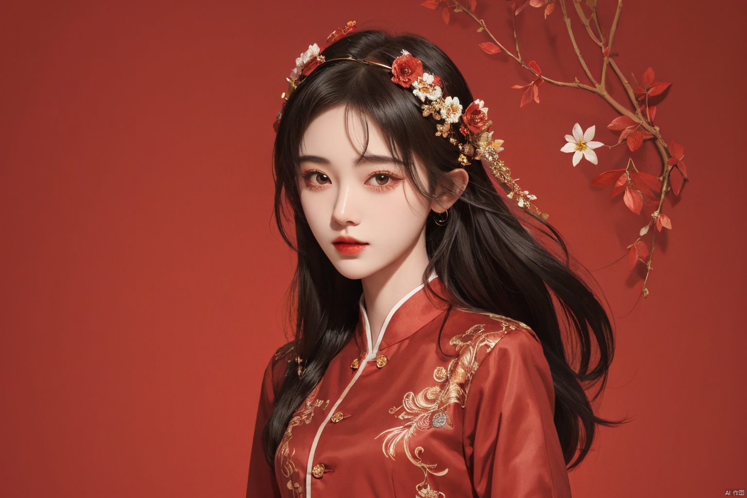  masterpiece, best quality, 1girl, flowers, flat color, lineart, abstract, ornate, red theme, jujingyi