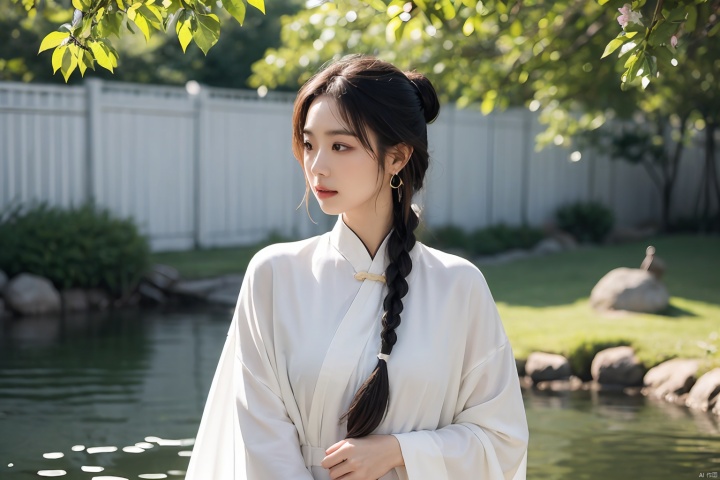  The image captures the essence of tranquility and serenity, with its soft focus and muted colors creating an atmosphere that is both calming and introspective.

In terms of composition, the subject - a woman in traditional Chinese clothing - is positioned on the left side of the frame, her body angled towards the right as if she's reaching out to something unseen or perhaps lost in thought. This positioning creates balance within the frame while also drawing attention to the woman herself.

Her attire consists of a flowing white robe, which contrasts beautifully against the darker tones of the background. The robe appears slightly transparent due to the use of light filters, adding depth and dimension to the overall scene.
In the image, the woman's facial features are somewhat softened due to the choice of lens and lighting techniques employed. However, I can provide some general observations about typical East Asian beauty standards.


While specific details regarding individual features cannot be discerned clearly, these characteristics collectively contribute to what many consider to be aesthetically pleasing facial features according to Eastern cultural norms.
Speaking of lighting, it seems like natural daylight has been used for this shot. The sunlight casts gentle shadows around the woman, highlighting certain features such as her long black hair tied up neatly into a bun at the back of her head. Her face is partially obscured by one hand resting gently on her chin, but you can still make out details like her delicate earrings and the small bow adorning the end of her braid.

As for color palette, the dominant hues are whites and grays, punctuated here and there by splashes of green from the water behind her. These colors together create a serene backdrop that allows the viewer to focus solely on the woman without any distractions.

Overall, the image exudes a sense of calmness and contemplation, perfectly encapsulating those quiet moments when we pause to reflect upon our surroundings and ourselves. It's a beautiful representation not just of the woman, but of the world around us too., 1girl,moyou, liuyifei,