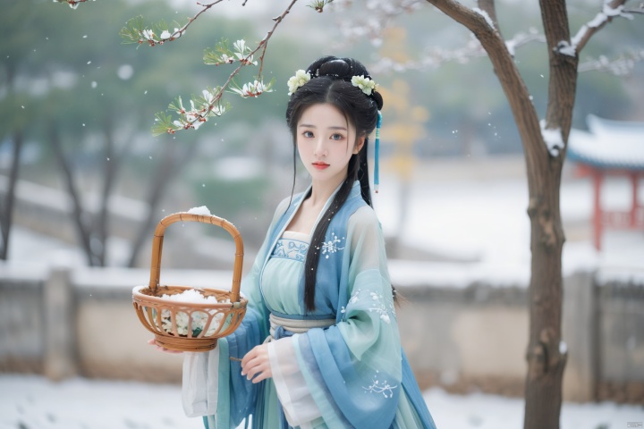  hanfu dress,a beautiful girl is standing,The Han costume of the Song Dynasty, the whole body,Flower basket,beautiful face,be affectionate,long eyelashes,high nose,Song Dynasty Hanfu, Winter, snowy days, snowfall, snow on tree tops, snow on the ground,gentle depth of field and soft bokeh,Capture the image as if it were taken on an 35mm film for added charm, looking at viewer,35mm photograph,The main color tone of the screen is blue, with a film style (aperture: f/1.4, ISO-100, focal length: 35mm), Full body, denim lens,film, bokeh, professional, 4k, highly detailed, MAJICMIX STYLE