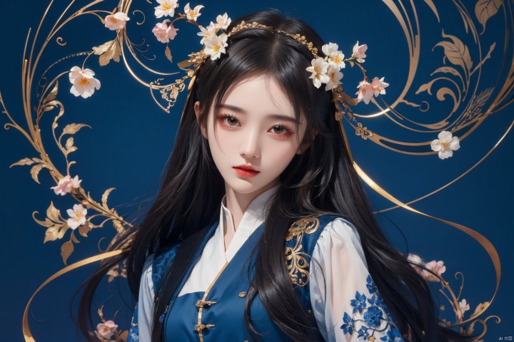  masterpiece, best quality, 1girl, flowers, flat color, lineart, abstract, ornate, blue theme, jujingyi