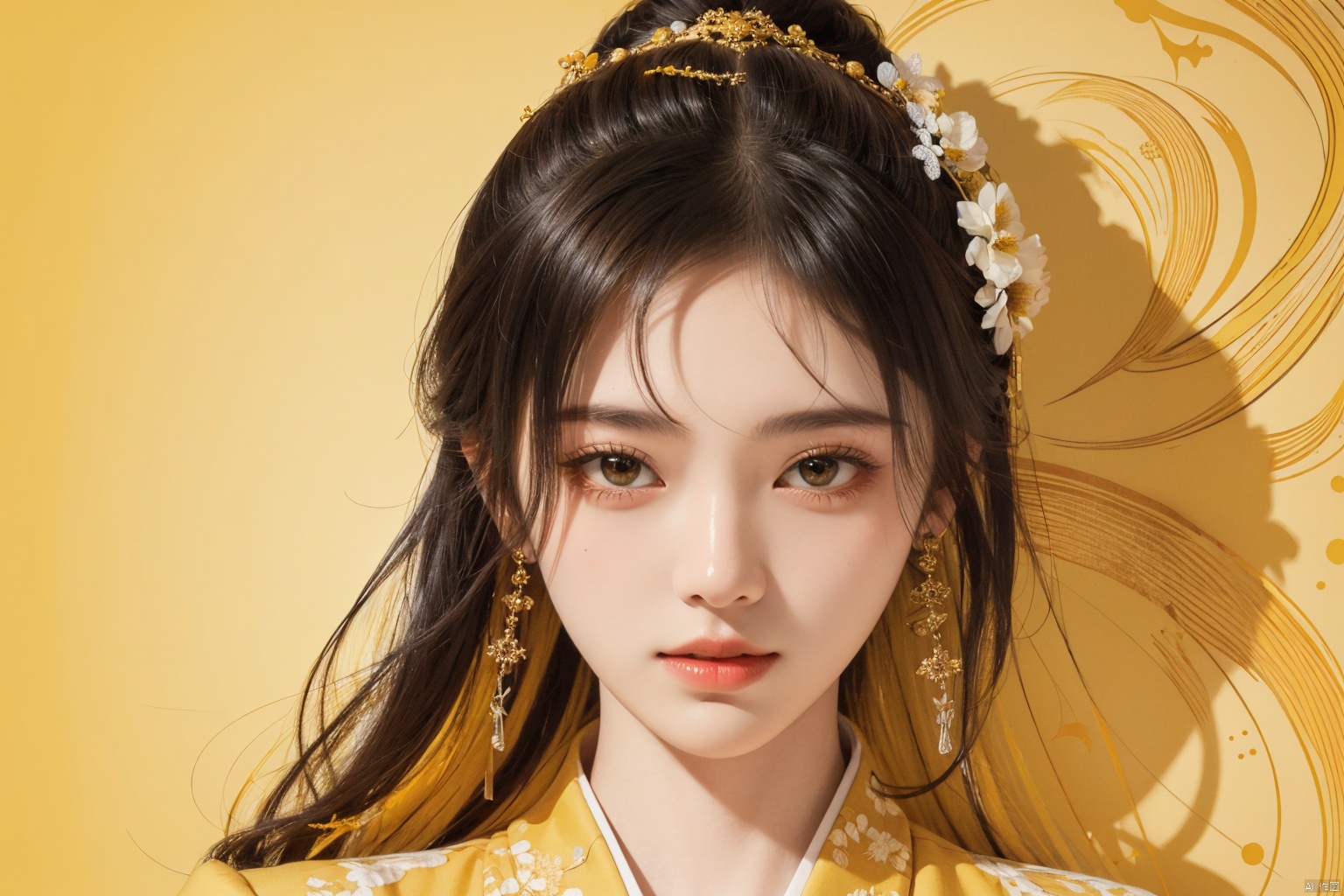  masterpiece, best quality, 1girl, flowers, flat color, lineart, abstract, ornate, yellow theme, jujingyi
