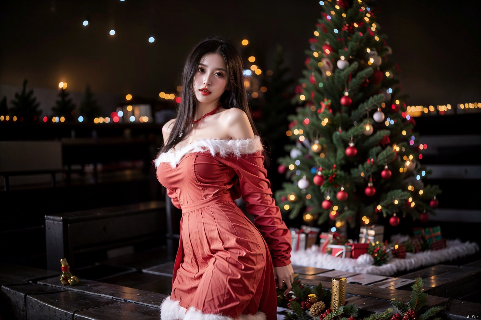  1girl beautiful girl, messy hair, hourglass body,In front of the outdoor square sprinkler pool,((big breasts)), slim waist, nice hips,((Off shoulder fluffy Christmas red pleated dress)),Christmas tree,Lighting,