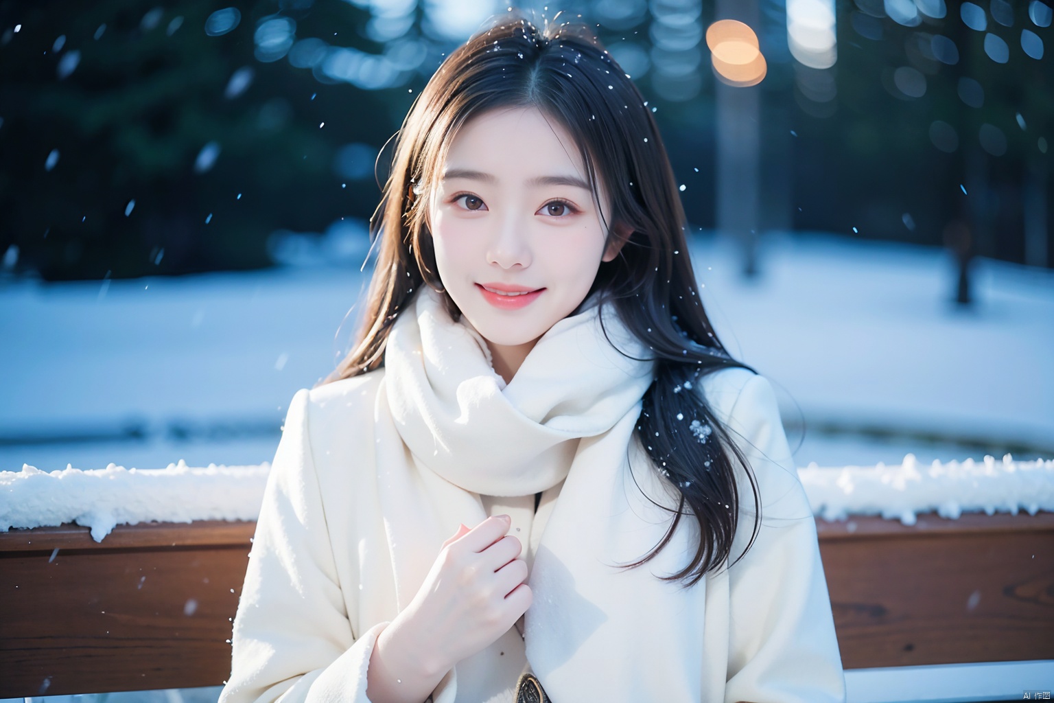  1girl,(snow:1.2),(snowing:1.2),snow,solo,scarf,long hair,smile,brown hair,bokeh,realistic,coat,blurry,
