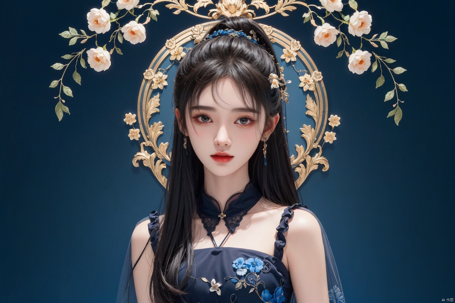  masterpiece, best quality, 1girl, flowers, flat color, lineart, abstract, ornate, blue theme, jujingyi