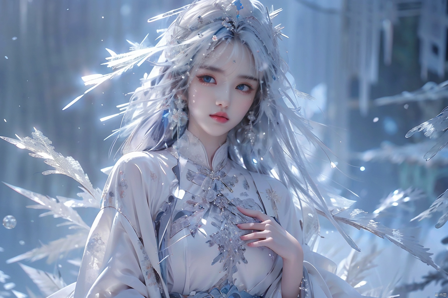  (ice), ((best quality)), ((masterpiece)), ((ultra-detailed)), extremely detailed CG, (illustration), ((detailed light)), (an extremely delicate and beautiful), a girl, solo, ((upper body,)), ((cute face)), expressionless, (beautiful detailed eyes), full breasts, (medium breasts:1.2), blue dragon eyes, (Vertical pupil:1.2), white hair, shiny hair, colored inner hair, [Armor_dress], blue_hair ornament, ice adorns hair,depth of field, [ice crystal], (snowflake), (\shuang hua\)