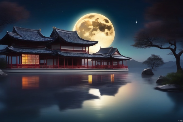 outdoors, sky, water, tree, night, moon, building, star \(sky\), night sky, scenery, full moon, starry sky, reflection, architecture, east asian architecture