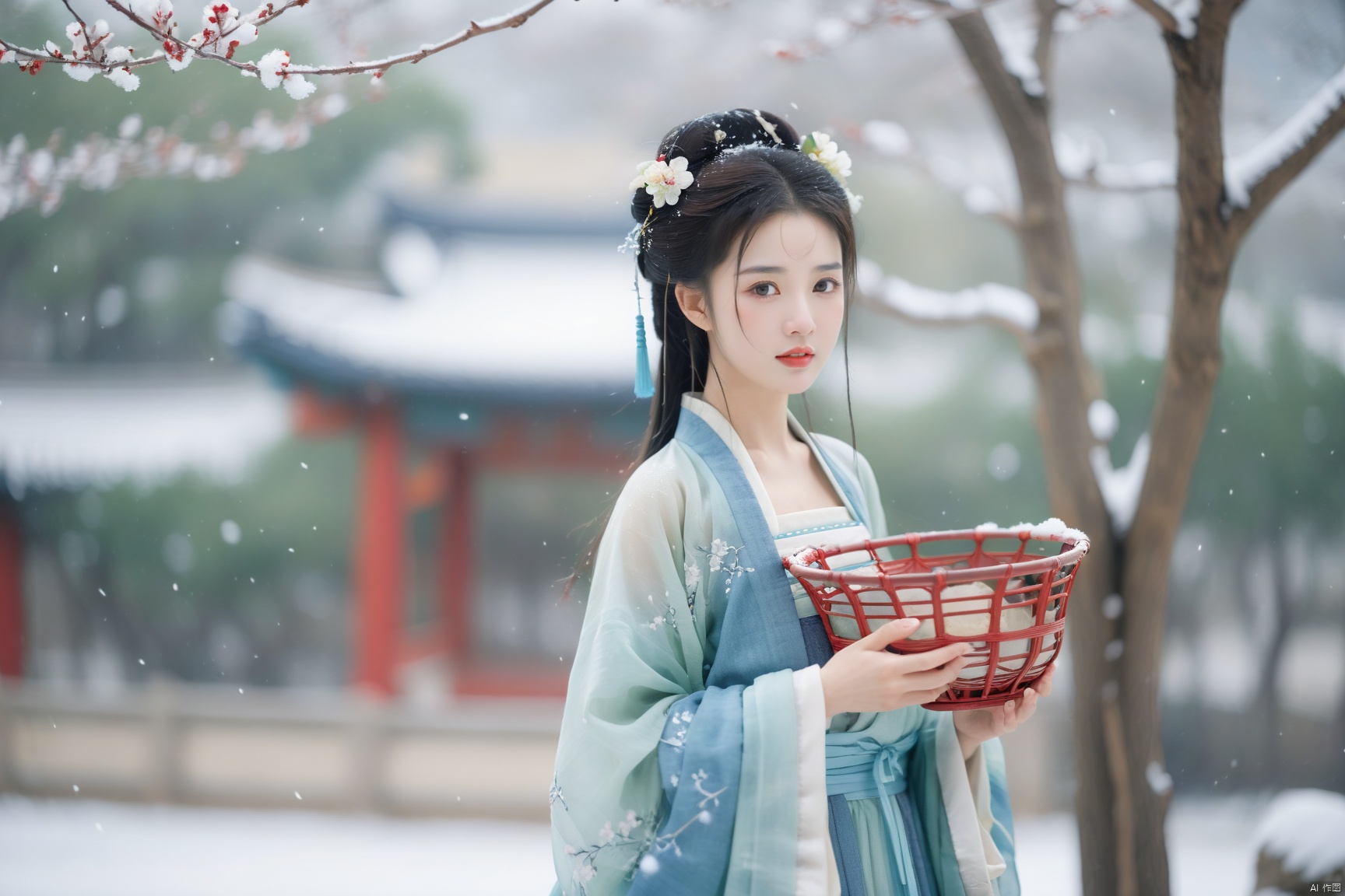  hanfu dress,a beautiful girl is standing,The Han costume of the Song Dynasty, the whole body,Flower basket,beautiful face,be affectionate,long eyelashes,high nose,Song Dynasty Hanfu, Winter, snowy days, snowfall, snow on tree tops, snow on the ground,gentle depth of field and soft bokeh,Capture the image as if it were taken on an 35mm film for added charm, looking at viewer,35mm photograph,The main color tone of the screen is red, with a film style (aperture: f/1.4, ISO-100, focal length: 35mm), Full body, denim lens,film, bokeh, professional, 4k, highly detailed, MAJICMIX STYLE
