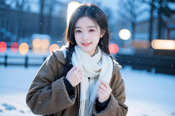  1girl,(snow:1.2),(snowing:1.2),snow,solo,scarf,long hair,smile,brown hair,bokeh,realistic,coat,blurry,