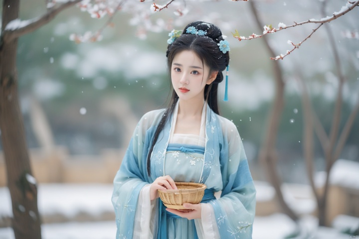  hanfu dress,a beautiful girl is standing,The Han costume of the Song Dynasty, the whole body,Flower basket,beautiful face,be affectionate,long eyelashes,high nose,Song Dynasty Hanfu, Winter, snowy days, snowfall, snow on tree tops, snow on the ground,gentle depth of field and soft bokeh,Capture the image as if it were taken on an 35mm film for added charm, looking at viewer,35mm photograph,The main color tone of the screen is blue, with a film style (aperture: f/1.4, ISO-100, focal length: 35mm), Full body, denim lens,film, bokeh, professional, 4k, highly detailed, MAJICMIX STYLE