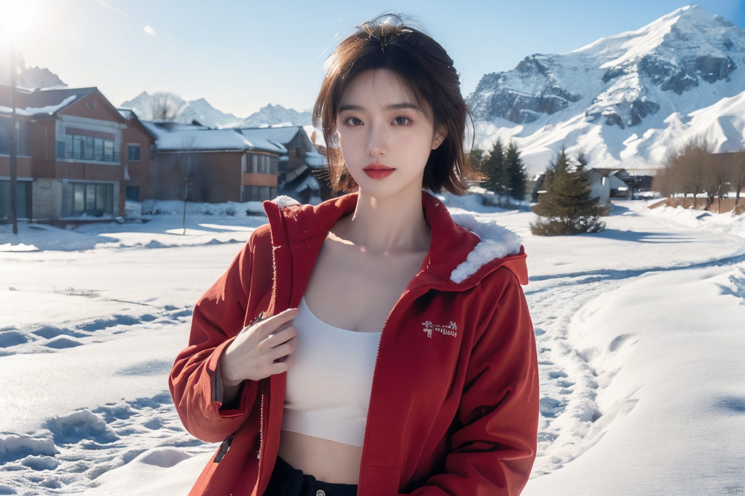  Outdoor scenery, snow view, Snow Mountain, girl, red wool coat, pretty face, short hair, blonde hair, (photo reality: 1.3) , Edge lighting, (high detail skin: 1.2) , 8K Ultra HD, high quality, high resolution, the best ratio of four fingers and a thumb, (photo reality: 1.3) , wearing a red coat, white shirt inside, big chest, solid color background, solid red background, advanced feeling, texture full, 1 girl, Xiqing, HSZT, Xiaxue, dongy, a girl, magic eyes, black 8d smooth stockings, 1girl