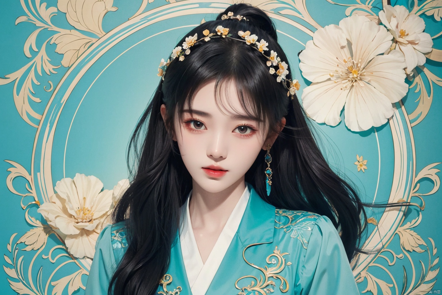  masterpiece, best quality, 1girl, flowers, flat color, lineart, abstract, ornate, Aqua theme, jujingyi
