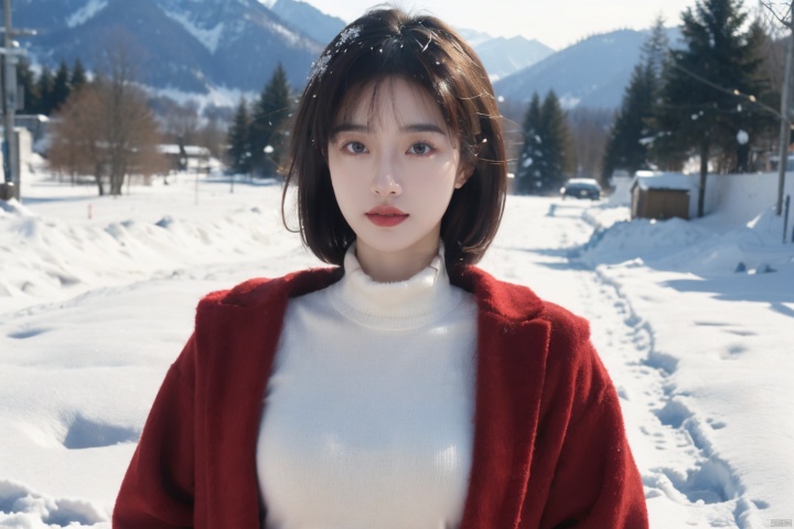  Outdoor scenery, snow view, Snow Mountain, girl, red wool coat, pretty face, short hair, blonde hair, (photo reality: 1.3) , Edge lighting, (high detail skin: 1.2) , 8K Ultra HD, high quality, high resolution, the best ratio of four fingers and a thumb, (photo reality: 1.3) , wearing a black coat, white Turtleneck inside, big chest, solid color background, solid red background, advanced feeling, texture full, 1 girl, Xiqing, HSZT, Xiaxue, dongy, a girl, magic eyes, black 8d smooth stockings, 1girl