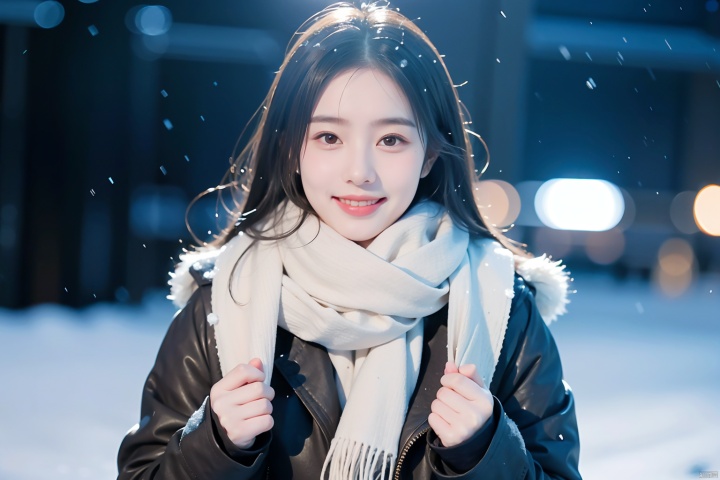  1girl,(snow:1.2),(snowing:1.2),snow,solo,scarf,long hair,smile,brown hair,bokeh,realistic,coat,blurry,