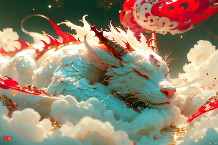  Chinese dragon,Chinese dragon sleeping on clouds, translucent glass, with pearlescent scales with subtle elements of fantasy and magical realism, zbrush, loong, ruby and gold style, anime aesthetics, furry art, red and white, elaborate, c4d rendering, super high detail, 3d, ultra fine detail, photo realistic