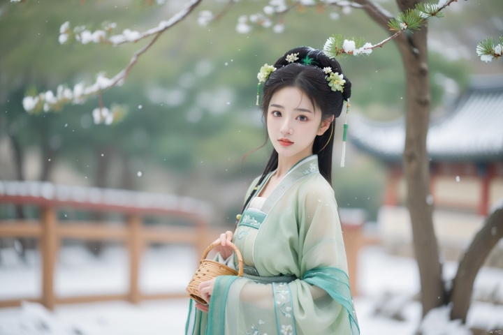  hanfu dress,a beautiful girl is standing,The Han costume of the Song Dynasty, the whole body,Flower basket,beautiful face,be affectionate,long eyelashes,high nose,Song Dynasty Hanfu, Winter, snowy days, snowfall, snow on tree tops, snow on the ground,gentle depth of field and soft bokeh,Capture the image as if it were taken on an 35mm film for added charm, looking at viewer,35mm photograph,The main color tone of the screen is green, with a film style (aperture: f/1.4, ISO-100, focal length: 35mm), Full body, denim lens,film, bokeh, professional, 4k, highly detailed, MAJICMIX STYLE