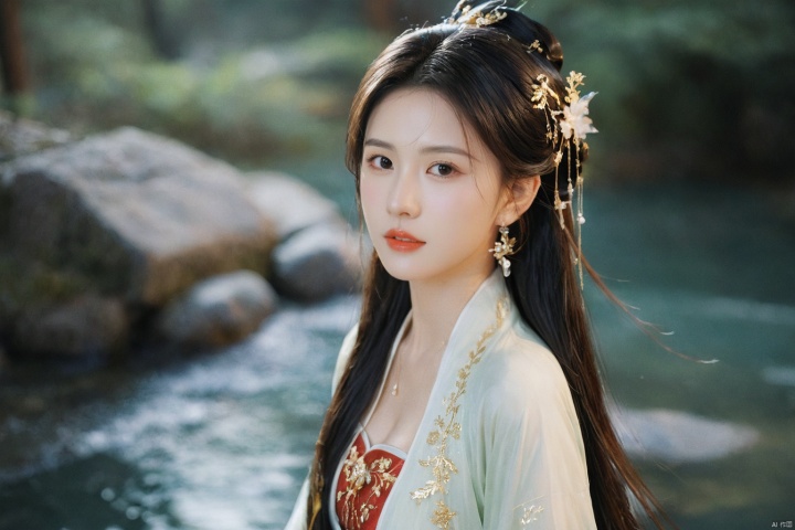  1girl,sole_female,looking at viewer,standing,black,gold,gold hairpin,face focus,Redlips,((upper_body:0.9)),full breasts, (medium breasts:1.2),long hair,eyes,Colored pupil,earrings,jewelry,earrings,jewelry,(perfect face), shiny skin, 
dress, hanfu, 
forest,water, wet, 
masterpiece, best quality,depth of field, cinematic composition, best lighting,light master,RAW photo, dslr, film grain, Fujifilm XT3, night shot, light master,daxiushan,daxiushan style,hanfu, g001