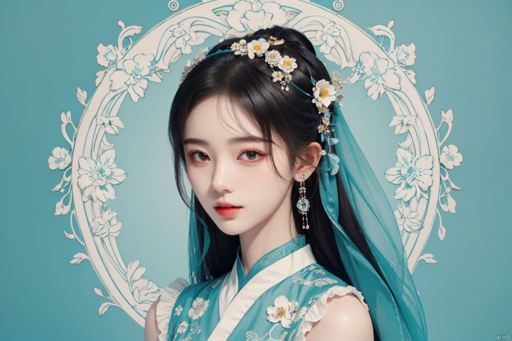  masterpiece, best quality, 1girl, flowers, flat color, lineart, abstract, ornate, Aqua theme, jujingyi