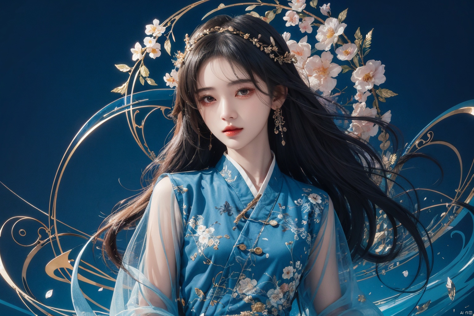  masterpiece, best quality, 1girl, flowers, flat color, lineart, abstract, ornate, blue theme, jujingyi