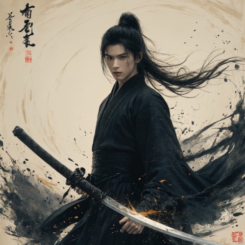  sdmai, wuxia, Chinese ink painting, artistic ink painting, Chinese martial arts films, wearing black robes, fighting posture, cinematic grandeur, splashing details, wild and powerful, solo, weapon, black hair, sword, long hair, male focus, looking at viewer, 1boy, scar, asuo