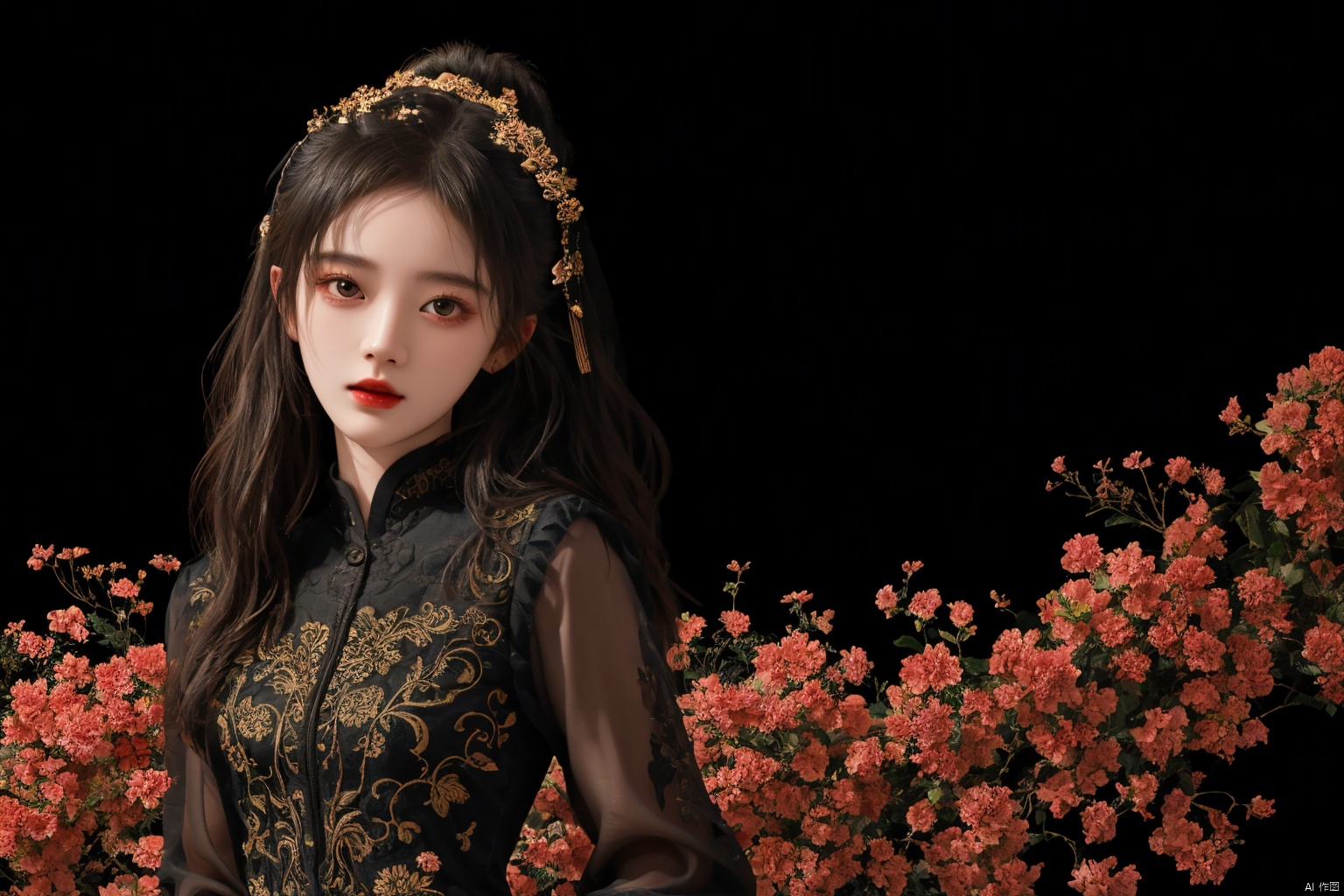  masterpiece, best quality, 1girl, flowers, flat color, lineart, abstract, ornate, black theme, jujingyi