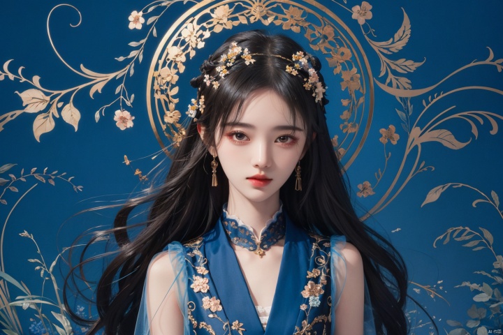  masterpiece, best quality, 1girl, flowers, flat color, lineart, abstract, ornate, blue theme, jujingyi