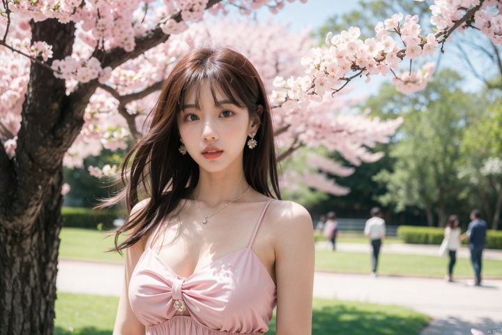  1 Girl, solo, large breasts,, brown hair, dress, (pink dress),Exquisite and delicate dress,Bow decoration,, jewelry, necklace, outdoor, reality, brown eyes, cleavage, parted lips, (cherry blossom), blur, earrings, blurred background, tree, long hair, (bare shoulders, sleeveless), shoulder off, collarbone, daytime, looking at the audience, flowers,, (Narrow waist),,,,Exquisite and delicate fingers,