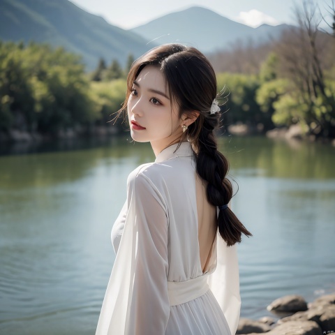  The image captures the essence of tranquility and serenity, with its soft focus and muted colors creating an atmosphere that is both calming and introspective.

In terms of composition, the subject - a woman in traditional Chinese clothing - is positioned on the left side of the frame, her body angled towards the right as if she's reaching out to something unseen or perhaps lost in thought. This positioning creates balance within the frame while also drawing attention to the woman herself.

Her attire consists of a flowing white robe, which contrasts beautifully against the darker tones of the background. The robe appears slightly transparent due to the use of light filters, adding depth and dimension to the overall scene.
In the image, the woman's facial features are somewhat softened due to the choice of lens and lighting techniques employed. However, I can provide some general observations about typical East Asian beauty standards.


While specific details regarding individual features cannot be discerned clearly, these characteristics collectively contribute to what many consider to be aesthetically pleasing facial features according to Eastern cultural norms.
Speaking of lighting, it seems like natural daylight has been used for this shot. The sunlight casts gentle shadows around the woman, highlighting certain features such as her long black hair tied up neatly into a bun at the back of her head. Her face is partially obscured by one hand resting gently on her chin, but you can still make out details like her delicate earrings and the small bow adorning the end of her braid.

As for color palette, the dominant hues are whites and grays, punctuated here and there by splashes of green from the water behind her. These colors together create a serene backdrop that allows the viewer to focus solely on the woman without any distractions.

Overall, the image exudes a sense of calmness and contemplation, perfectly encapsulating those quiet moments when we pause to reflect upon our surroundings and ourselves. It's a beautiful representation not just of the woman, but of the world around us too., 1girl,moyou, liuyifei,