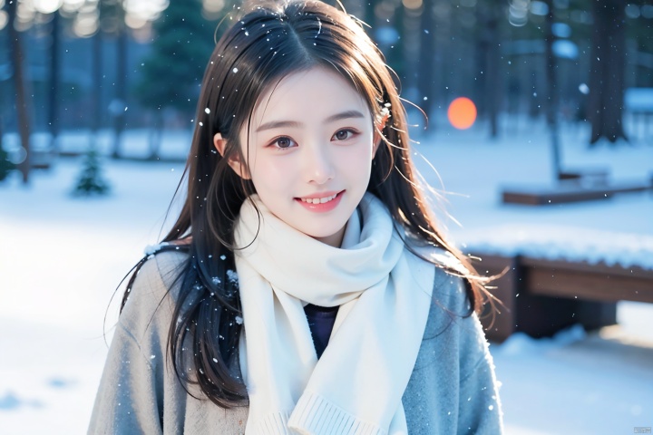  1girl,(snow:1.2),(snowing:1.2),snow,solo,scarf,long hair,smile,brown hair,bokeh,realistic,coat,blurry,