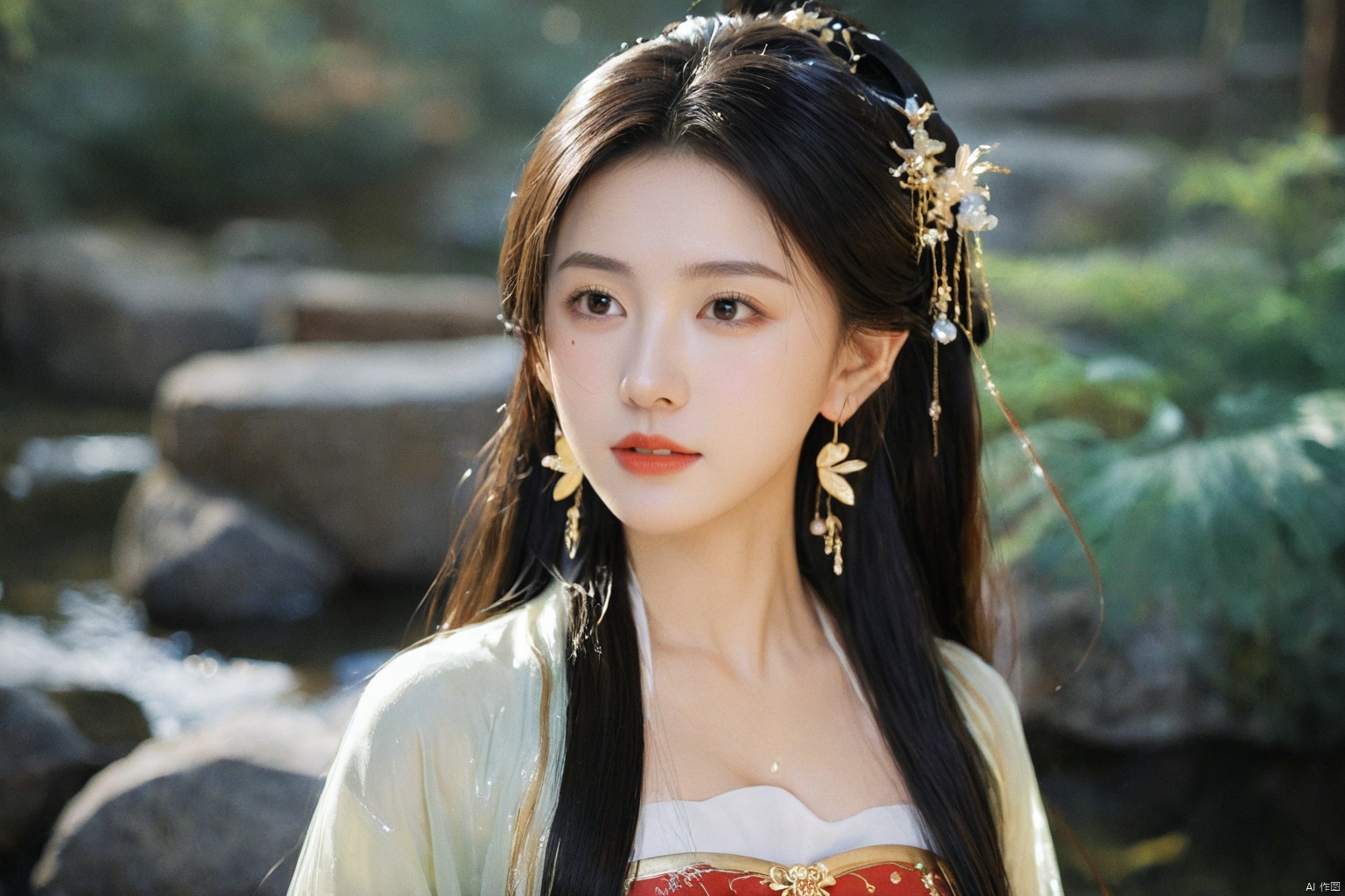  1girl,****_female,looking at viewer,standing,black,gold,gold hairpin,face focus,Redlips,((upper_body:0.9)),full breasts, (medium breasts:1.2),long hair,eyes,Colored pupil,earrings,jewelry,earrings,jewelry,(perfect face), shiny skin, 
dress, hanfu, 
forest,water, wet, 
masterpiece, best quality,depth of field, cinematic composition, best lighting,light master,RAW photo, dslr, film grain, Fujifilm XT3, night shot, light master,daxiushan,daxiushan style,hanfu, g001