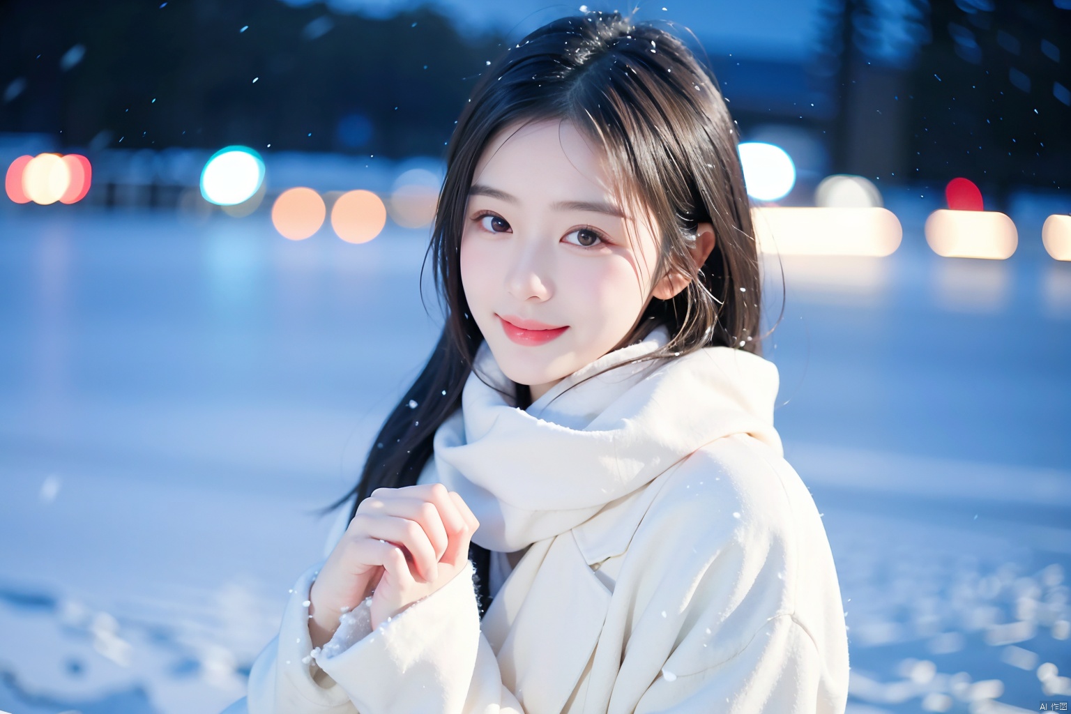  1girl,(snow:1.2),(snowing:1.2),snow,solo,scarf,long hair,smile,brown hair,bokeh,realistic,coat,blurry,