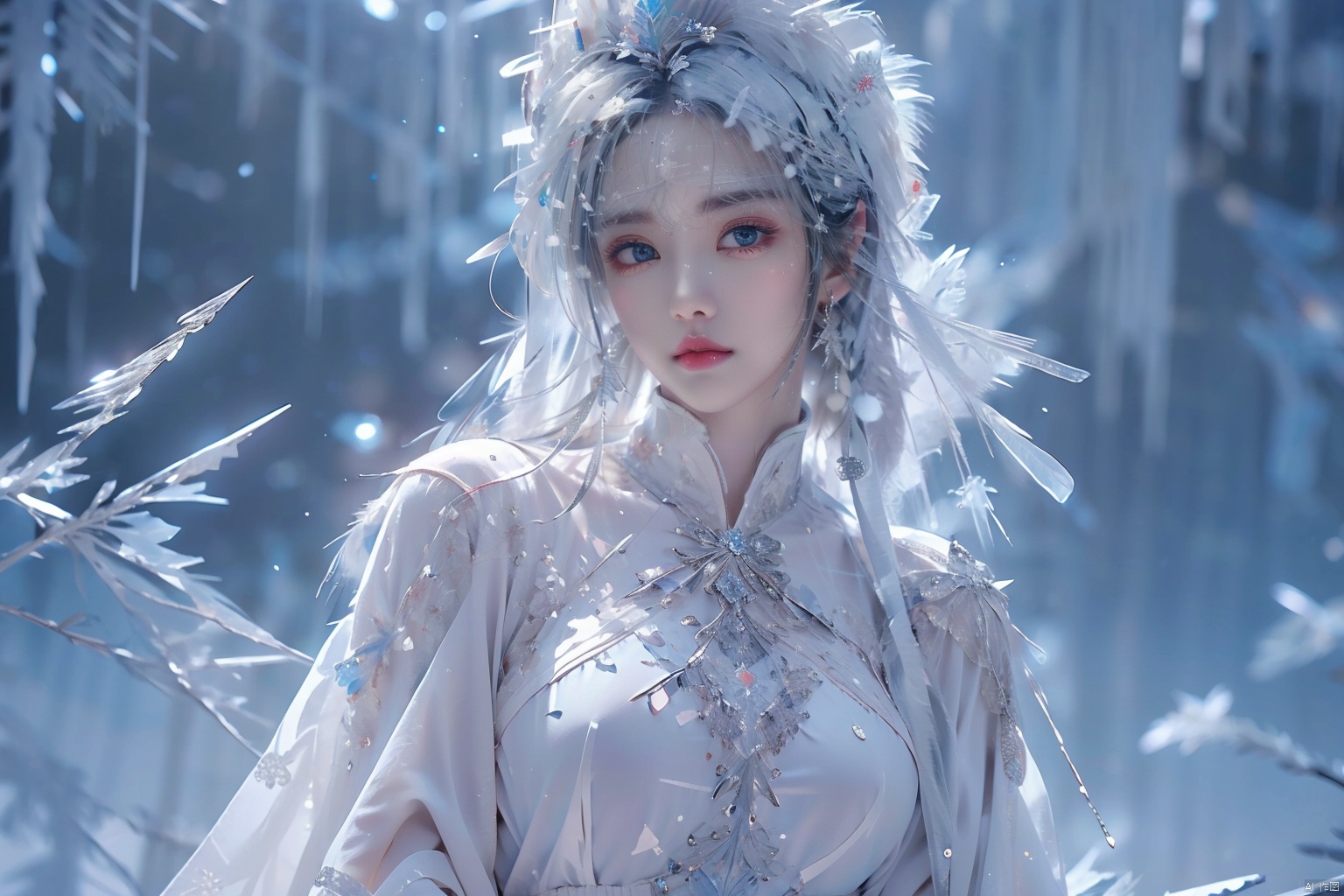  (ice), ((best quality)), ((masterpiece)), ((ultra-detailed)), extremely detailed CG, (illustration), ((detailed light)), (an extremely delicate and beautiful), a girl, solo, ((upper body,)), ((cute face)), expressionless, (beautiful detailed eyes), full breasts, (medium breasts:1.2), blue dragon eyes, (Vertical pupil:1.2), white hair, shiny hair, colored inner hair, [Armor_dress], blue_hair ornament, ice adorns hair,depth of field, [ice crystal], (snowflake), (\shuang hua\)