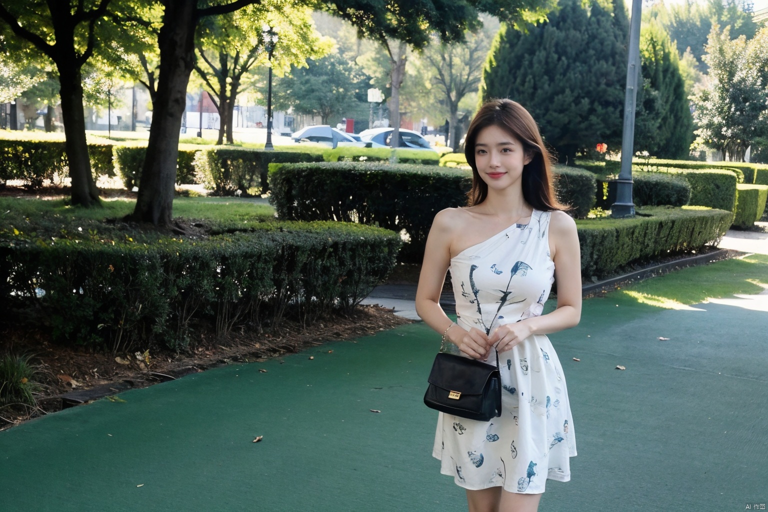  The image features a confident young woman standing outdoors on a green carpet. She is wearing a white dress with a green alligator print and carries a brown shoulder bag. Her posture and facial expression convey a sense of determination. The lighting is soft and flattering, casting a warm glow on her skin. The color palette is predominantly green and brown, with a dynamic contrast between the two. The woman's outfit, pose, and facial expression all work together to create a powerful and memorable image.