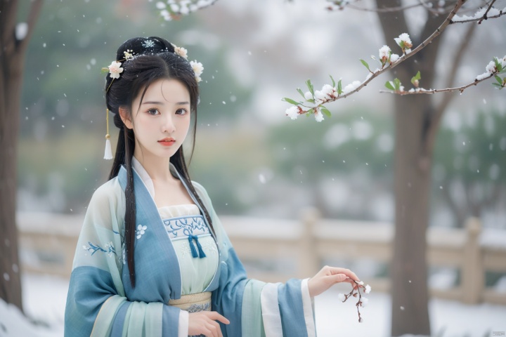  hanfu dress,a beautiful girl is standing,The Han costume of the Song Dynasty, the whole body,Flower basket,beautiful face,be affectionate,long eyelashes,high nose,Song Dynasty Hanfu, Winter, snowy days, snowfall, snow on tree tops, snow on the ground,gentle depth of field and soft bokeh,Capture the image as if it were taken on an 35mm film for added charm, looking at viewer,35mm photograph,The main color tone of the screen is black, with a film style (aperture: f/1.4, ISO-100, focal length: 35mm), Full body, denim lens,film, bokeh, professional, 4k, highly detailed, MAJICMIX STYLE