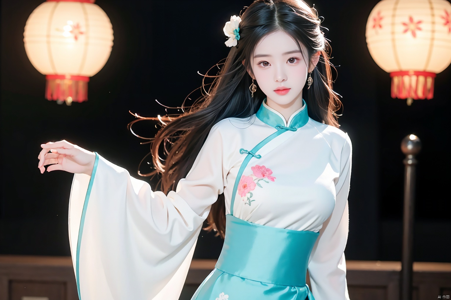  Premium, masterpiece, high-resolution, (exquisite figure: 1.5), stunning appearance, (milky white skin: 1.3). Exquisite details, high-resolution, wallpaper, 1 girl, solo, turquoise blue Hanfu, embroidery, (qipao long skirt), hair accessories, flowers, long hair, brown hair, shut up, accessories, long sleeves, wide sleeves, big eyes, flowing hair, natural posture, falling petals, indoor, lanterns, bright and cheerful lighting, sunlight shining on the face of the subject. 16K, HDR, high resolution, depth of field, upper body, (film grain: 1.2),
