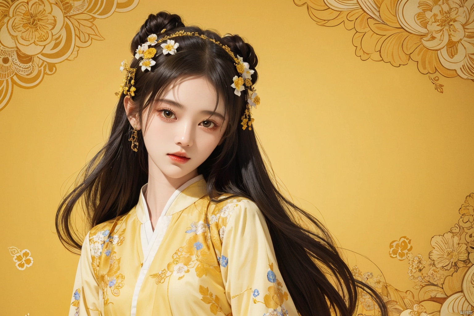  masterpiece, best quality, 1girl, flowers, flat color, lineart, abstract, ornate, yellow theme, jujingyi