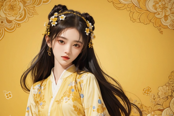  masterpiece, best quality, 1girl, flowers, flat color, lineart, abstract, ornate, yellow theme, jujingyi