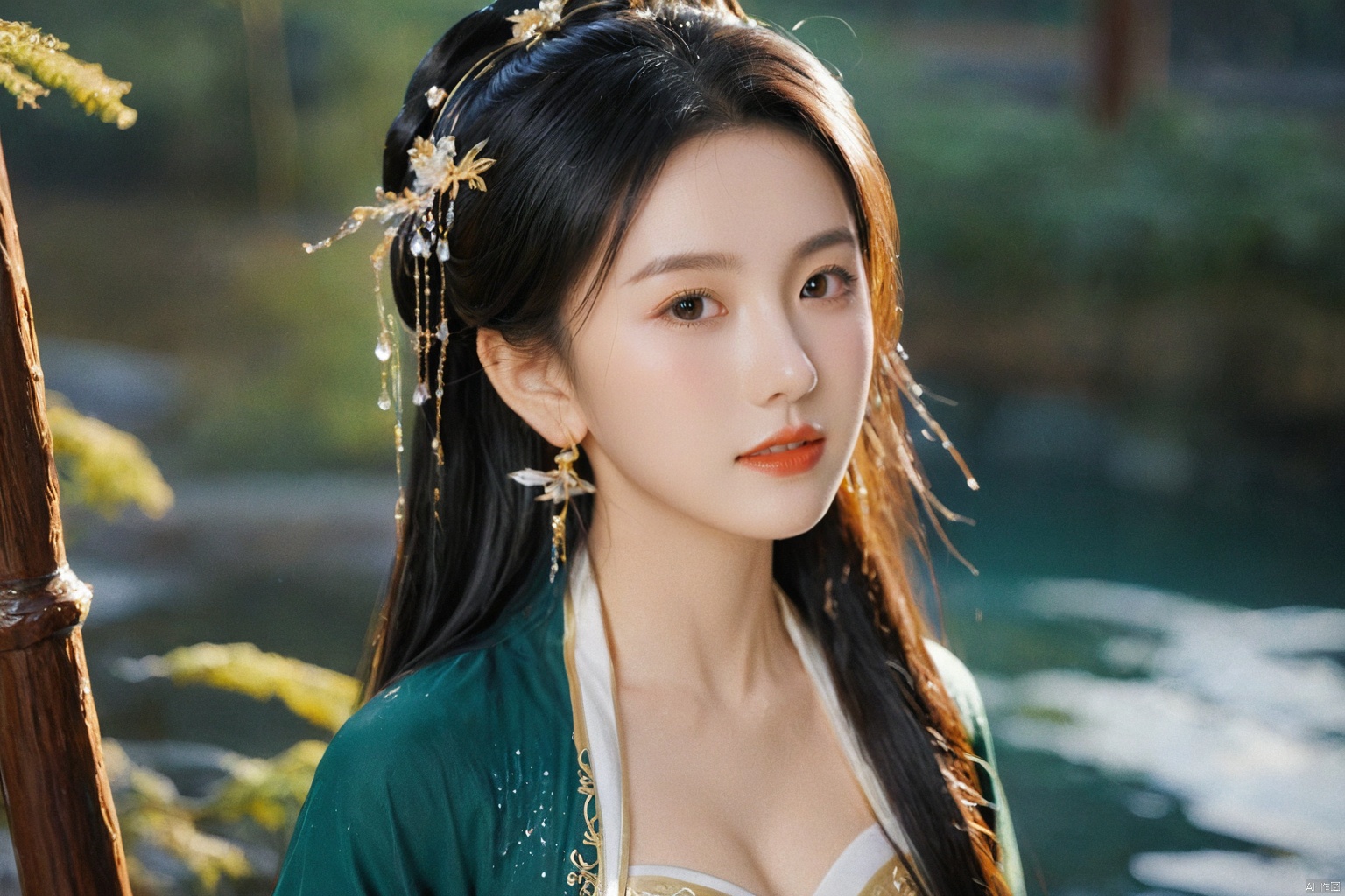  1girl,****_female,looking at viewer,standing,black,gold,gold hairpin,face focus,Redlips,((upper_body:0.9)),full breasts, (medium breasts:1.2),long hair,eyes,Colored pupil,earrings,jewelry,earrings,jewelry,(perfect face), shiny skin, 
dress, hanfu, 
forest,water, wet, 
masterpiece, best quality,depth of field, cinematic composition, best lighting,light master,RAW photo, dslr, film grain, Fujifilm XT3, night shot, light master,daxiushan,daxiushan style,hanfu, g001