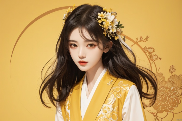  masterpiece, best quality, 1girl, flowers, flat color, lineart, abstract, ornate, yellow theme, jujingyi