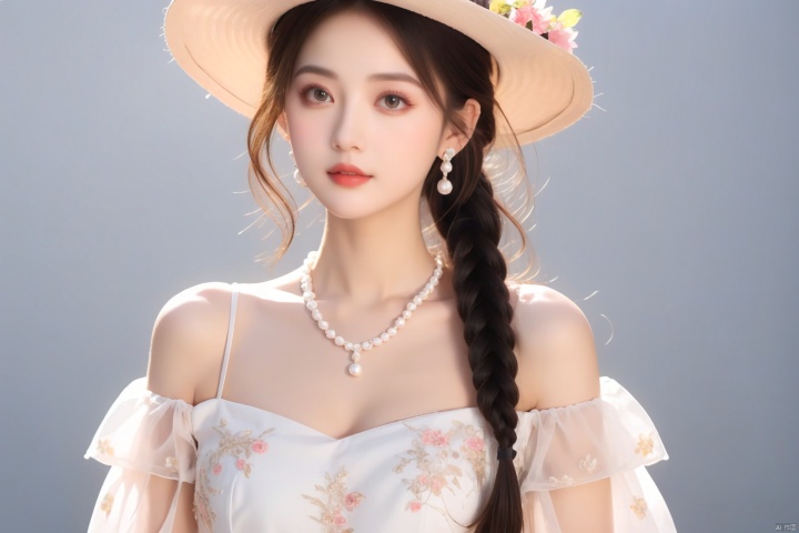  (masterpiece, 4k, best quality, highly detailed, 1girl, solo),1girl, jewelry, breasts, solo, hat, earrings, white headwear, black hair, cleavage, dress, necklace, looking at viewer, flower, white dress, black flower, long hair, braid,black rose, upper body, parted lips, rose, bangs, collarbone, grey background, sun hat, medium breasts, yellow eyes, pearl necklace, large breasts, see-through, hair between eyes, brown eyes, hat flower, blush, midjourney, Colorful portraits, eyeglasses,police