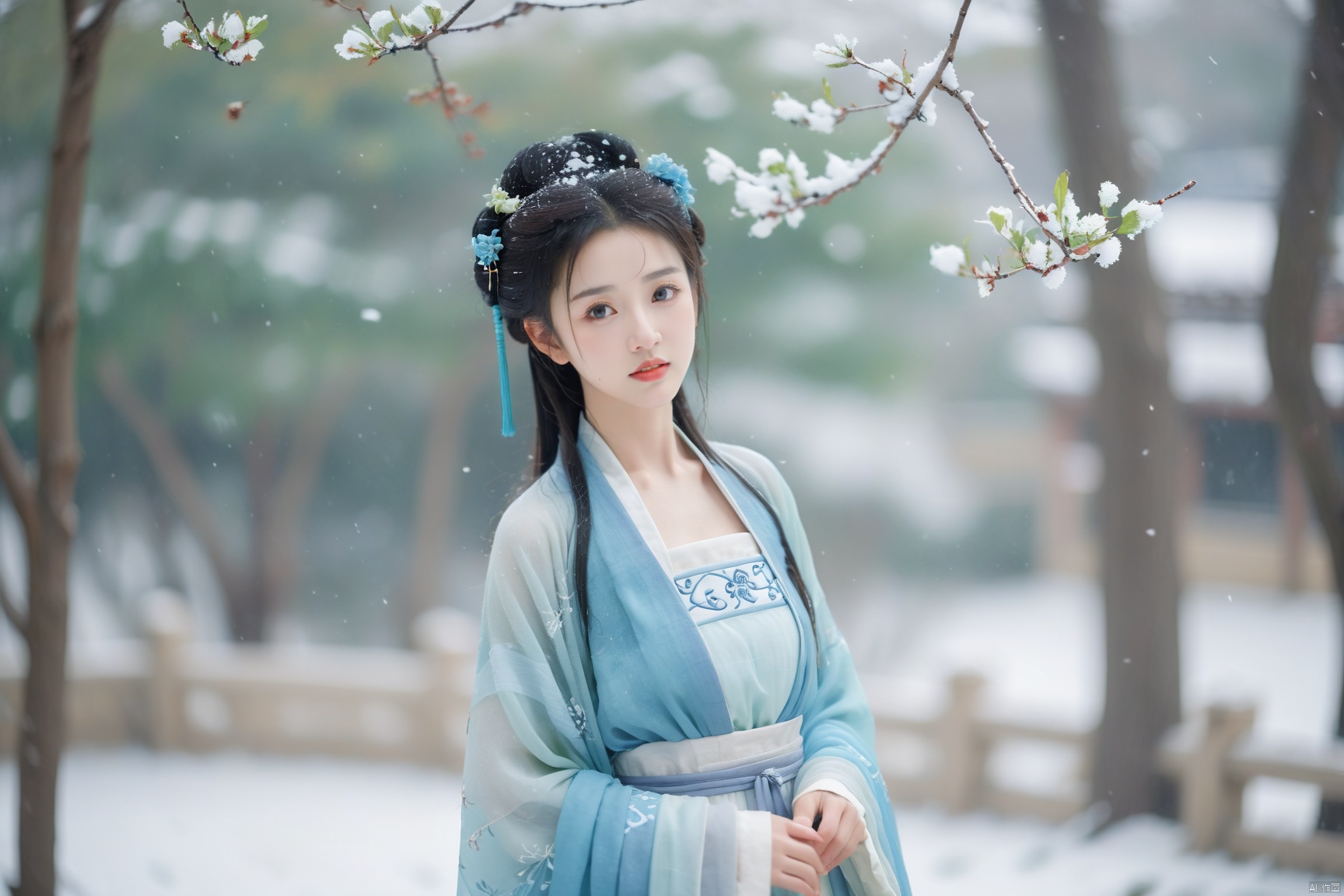  hanfu dress,a beautiful girl is standing,The Han costume of the Song Dynasty, the whole body,Flower basket,beautiful face,be affectionate,long eyelashes,high nose,Song Dynasty Hanfu, Winter, snowy days, snowfall, snow on tree tops, snow on the ground,gentle depth of field and soft bokeh,Capture the image as if it were taken on an 35mm film for added charm, looking at viewer,35mm photograph,The main color tone of the screen is blue, with a film style (aperture: f/1.4, ISO-100, focal length: 35mm), Full body, denim lens,film, bokeh, professional, 4k, highly detailed, MAJICMIX STYLE