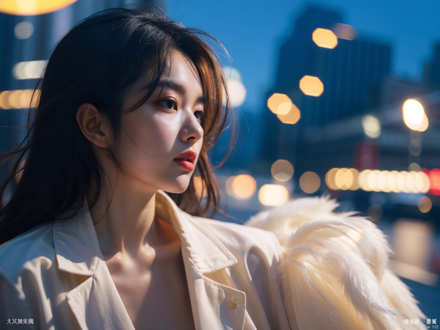  Best Quality, Hyper-Realistic, (Ultra High Resolution), Masterpiece, 8K, RAW Photo, Cover Art, Light, Photo Art, Realistic, Coat, Street, Night, Hotel, Hong Kong Wind, Movie Cover, Dynamic Angle, Close-up, Sight,Half body photo, xiqing, (\xing he\)