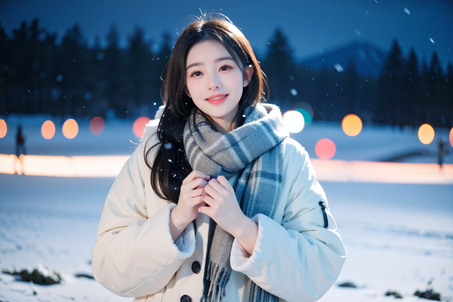  1girl,(snow:1.2),(snowing:1.2),snow,solo,scarf,long hair,smile,brown hair,bokeh,realistic,coat,blurry,